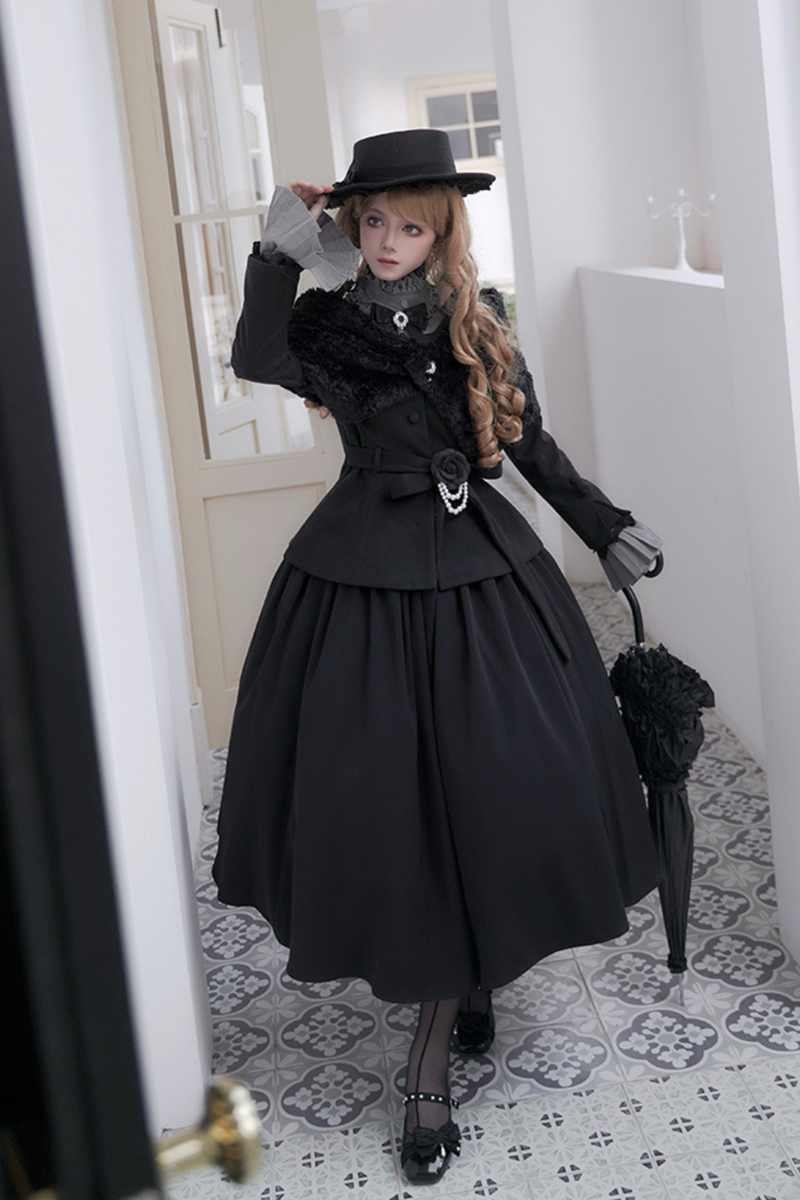 [pre-order] Dark Sweet Lolita Dress + Faux Collar + Necklace + Jacket + Ribbon + Sleeve + Fur Shawl