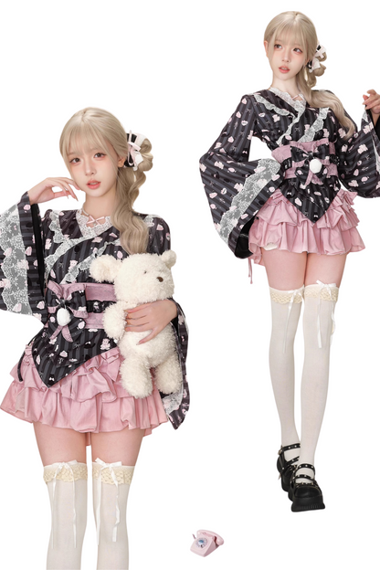 Japanese Style Top + Cape + Ribbon Girdle + Tiered Skirt