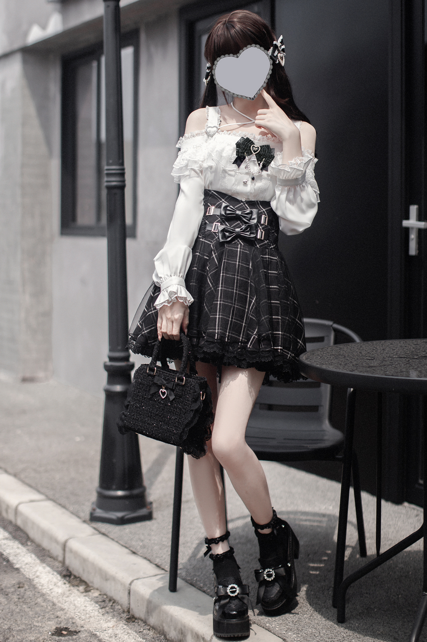 Jirai Off-the-shoulder Shirt + Plaid Skirt (with Inner Pants)