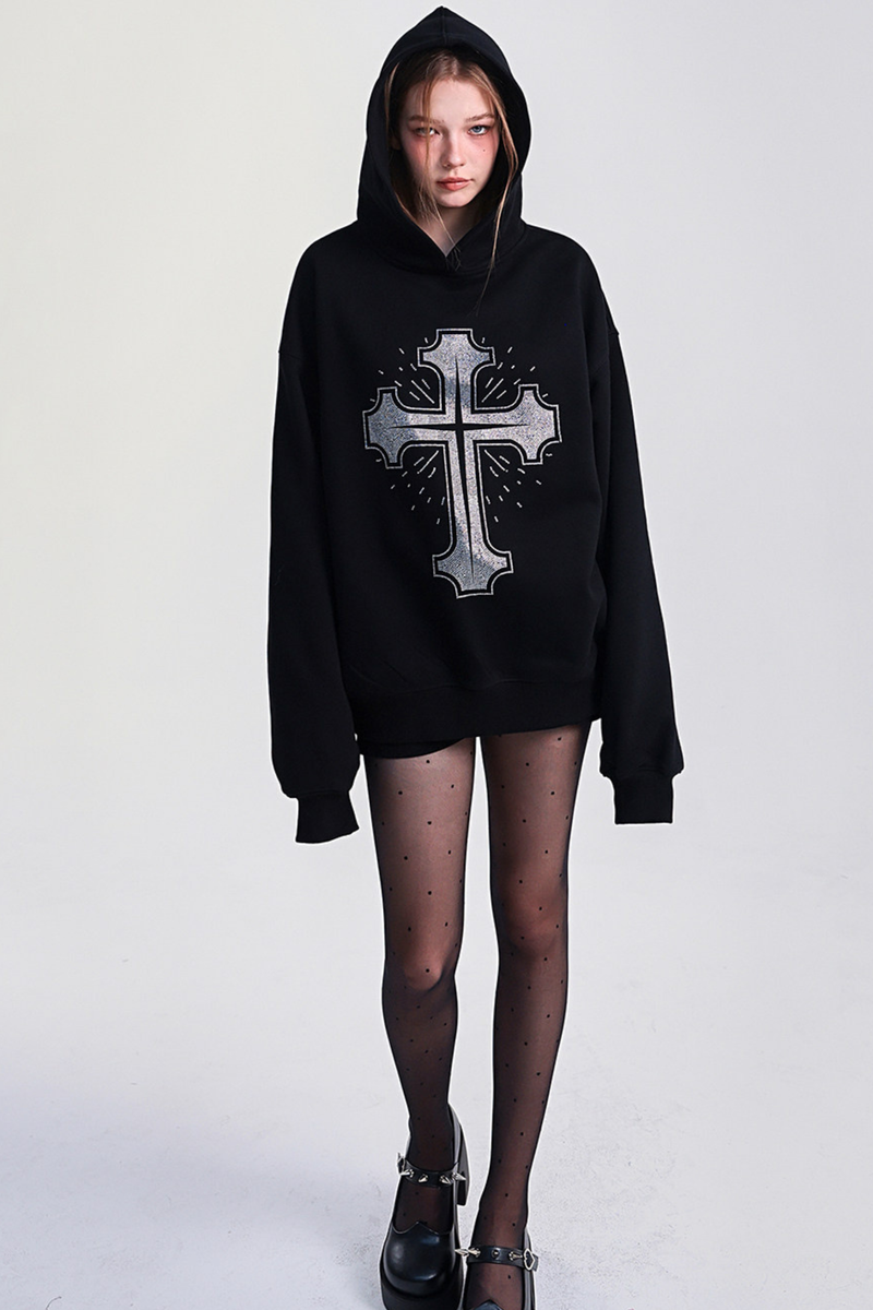 Big Cross Design Loose Hooded Sweatshirt