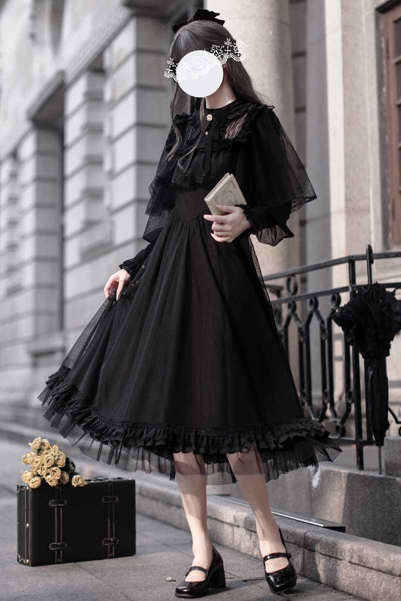 Dark Black Dot Gauze Shawl Dress