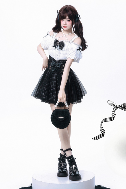 [pre-order] Sweet Dark Kawaii Ribbon Blouse + High Waist Skirt + Large Ribbon