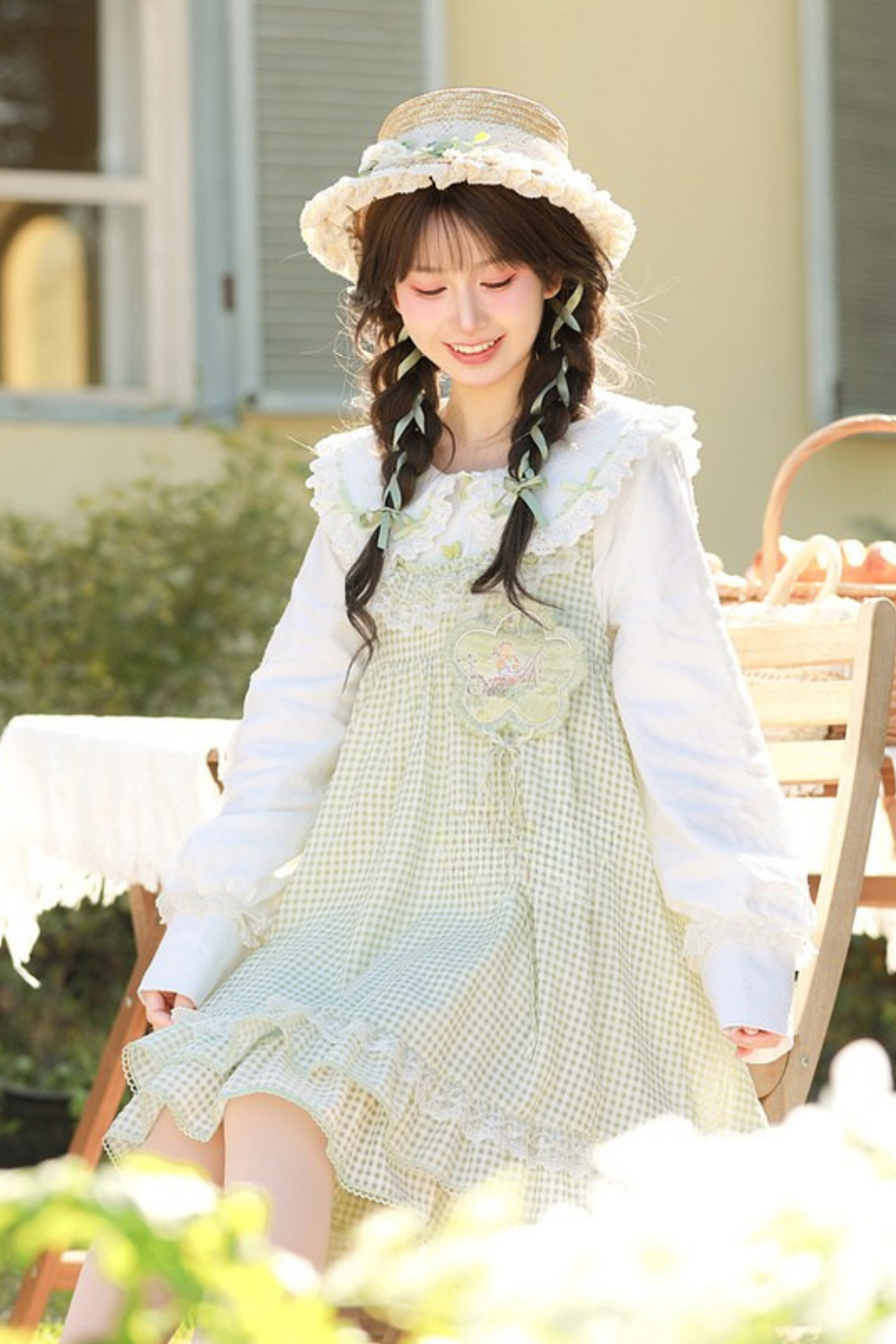 Lace Retro Doll Shirt + Gingham Plaid Sleeveless Dress