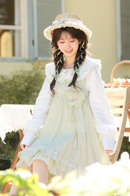 Lace Retro Doll Shirt + Gingham Plaid Sleeveless Dress