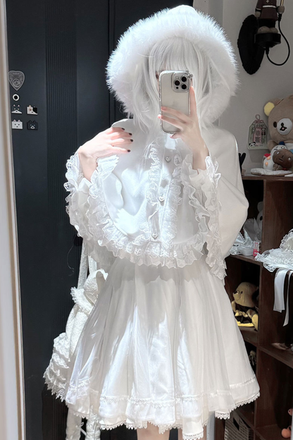 Fur Hooded Mantle + Tops + Skirt