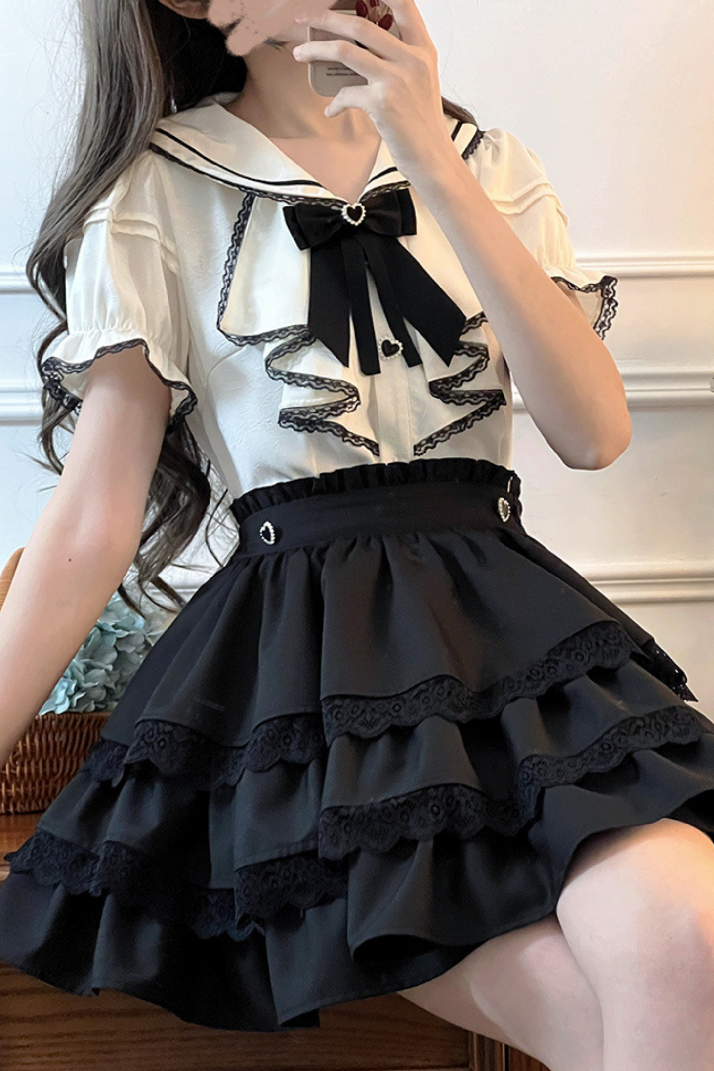 Jirai Sailor Ribbon Top + Ruffle Skirt