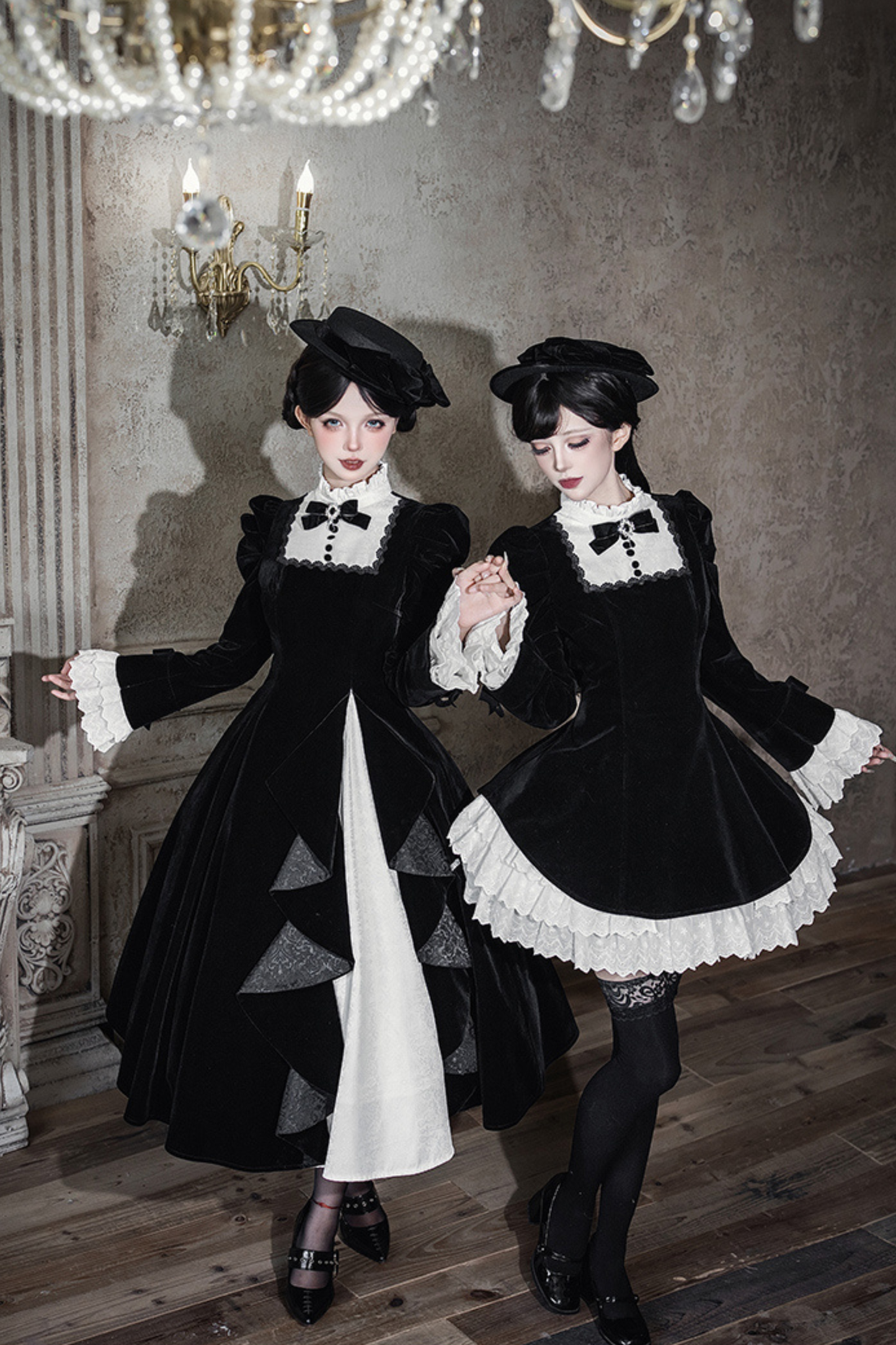 Slim Contrast Color Twin Dress + Collar + Bow + Brooch + Hat