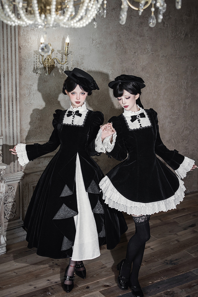 Slim Contrast Color Twin Dress + Collar + Bow + Brooch + Hat