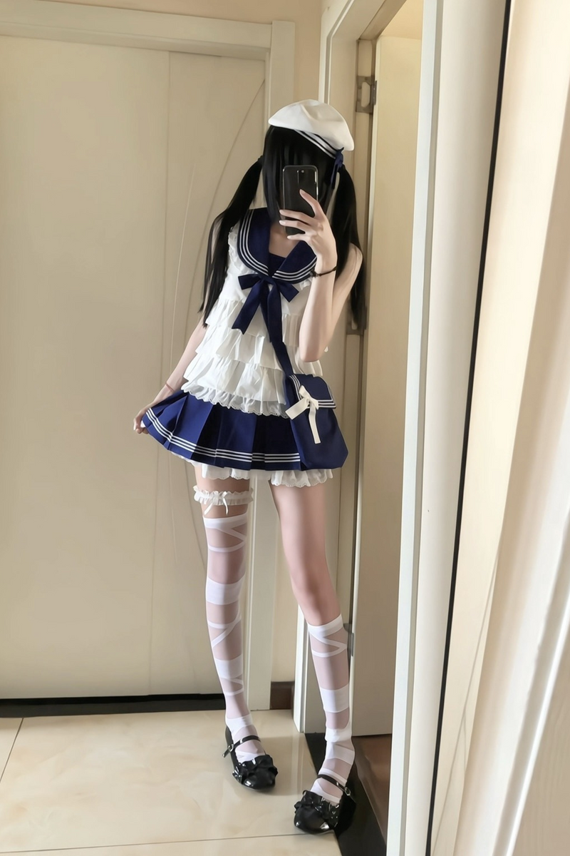 Sailor Ribbon Marine Top + Pleated Layered Skirt