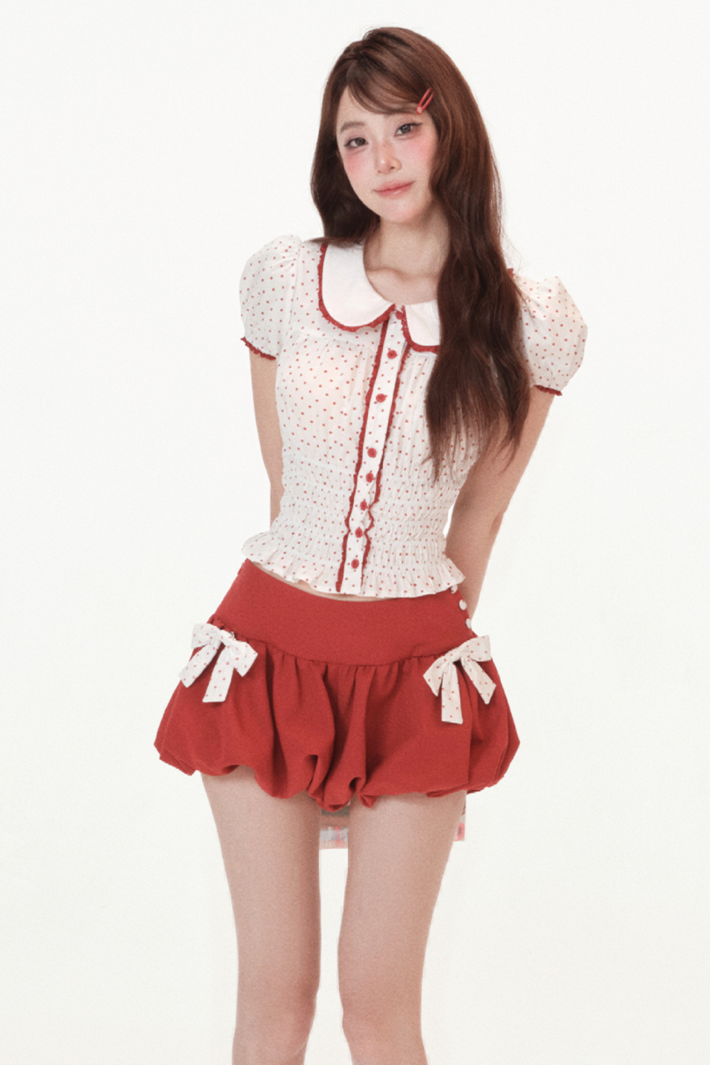 Polka Dot Puff Sleeve Doll Shirt + Ribbon Balloon Skirt Pants
