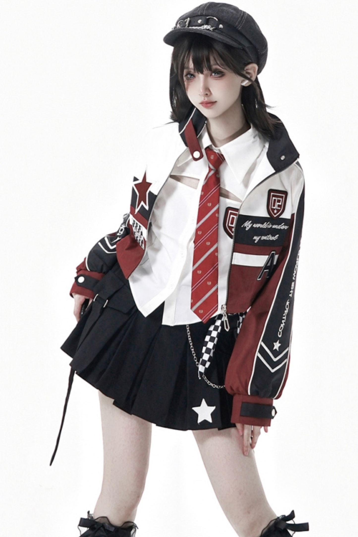 Biker Jacket + Shirt With Tie + Skirt + Belt