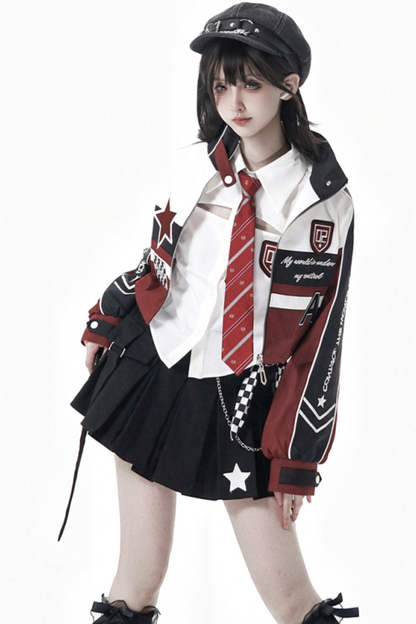 Biker Jacket + Shirt With Tie + Skirt + Belt