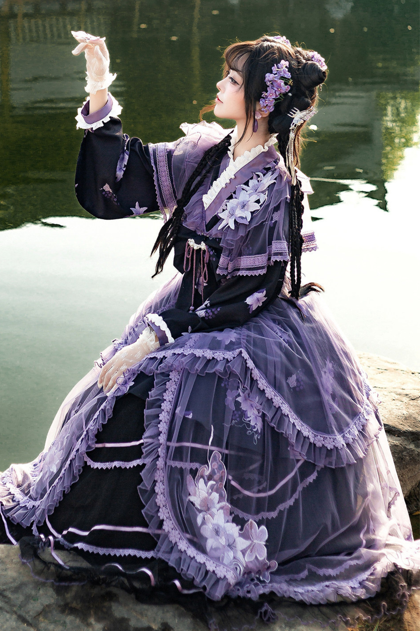 Dark Chinese-style Cross Collar Dress + Overdress + Skirt