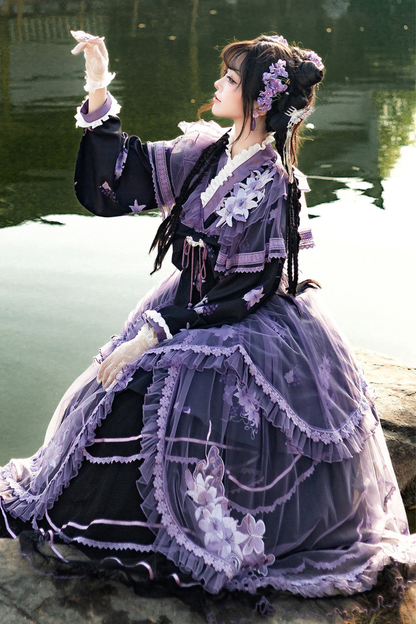 Dark Chinese-style Cross Collar Dress + Overdress + Skirt