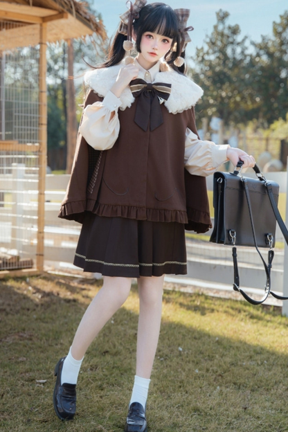 Fur Collar Cape + Knit Vest + Shirt + Pleated Skirt + Ribbon