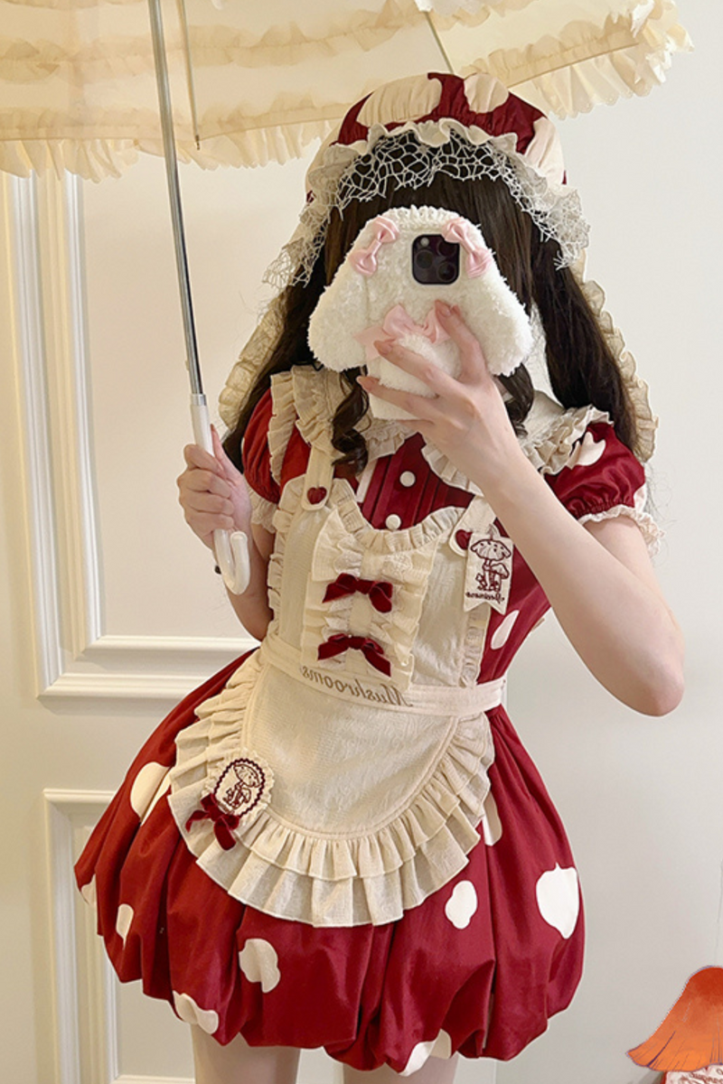 Mushroom Doll Dress + Ribbon Ruffle Apron + Ruffle Sleeves + Bunny Ear Hat