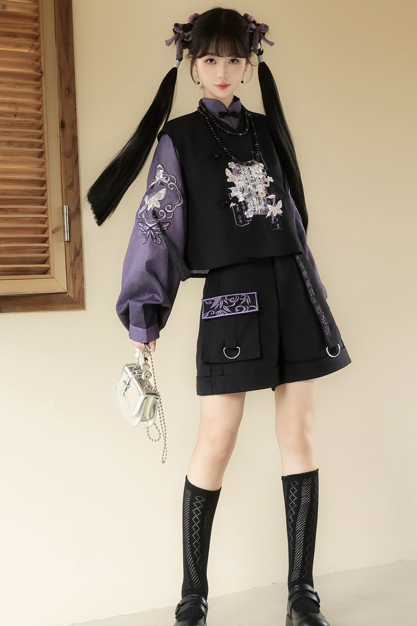 Dark Chinese-style Top + Vest + Shorts + Necklace