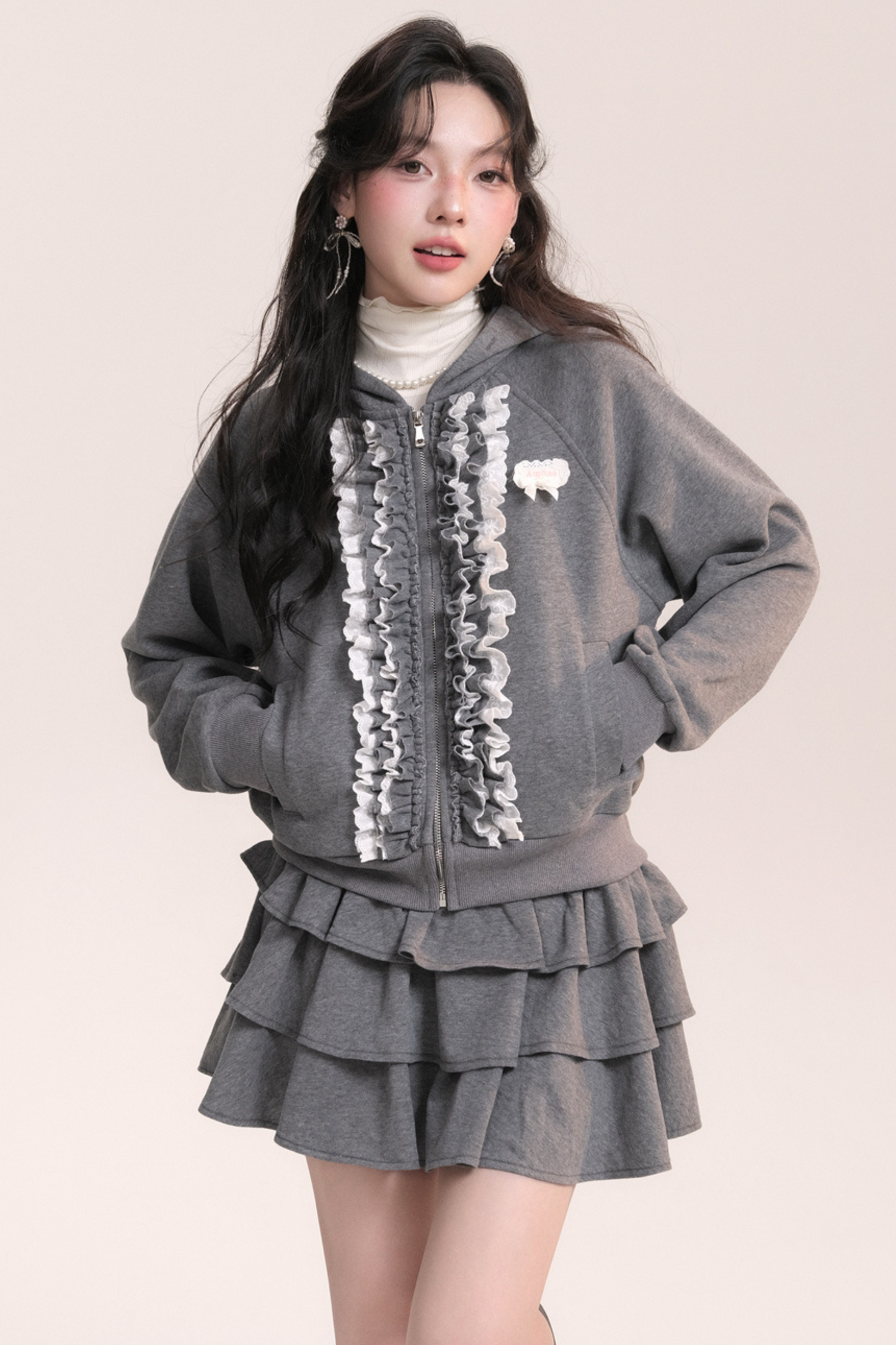 Ballet Lace Sweatshirt Hooded Jacket + Tiered Skirt