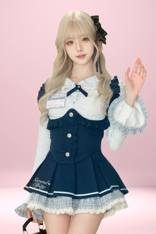 Ice Blue Shirt + Halter Neck Vest + Plaid Skirt