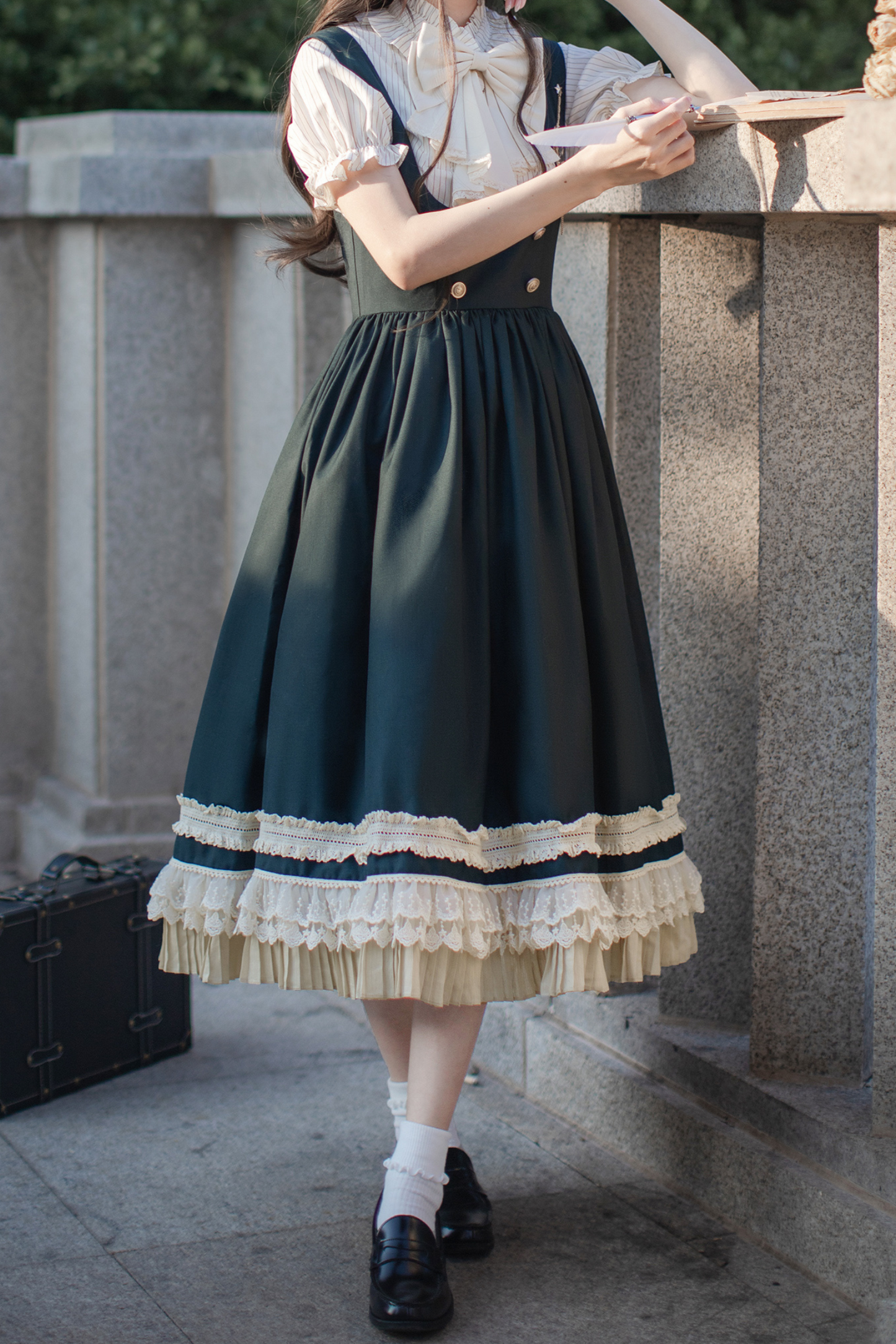 Western-style College Vest Skirt + Puff Sleeve Shirt + Big Ribbon + Brooch