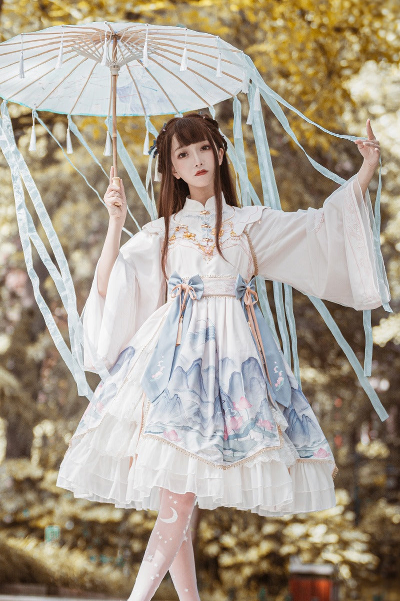 Layered Ruffle Kimono Dress With Attached Collar