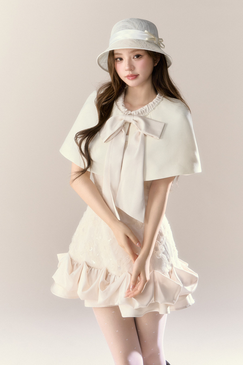 Ruffle Girly Pure Sleeveless Dress + Ribbon Cape