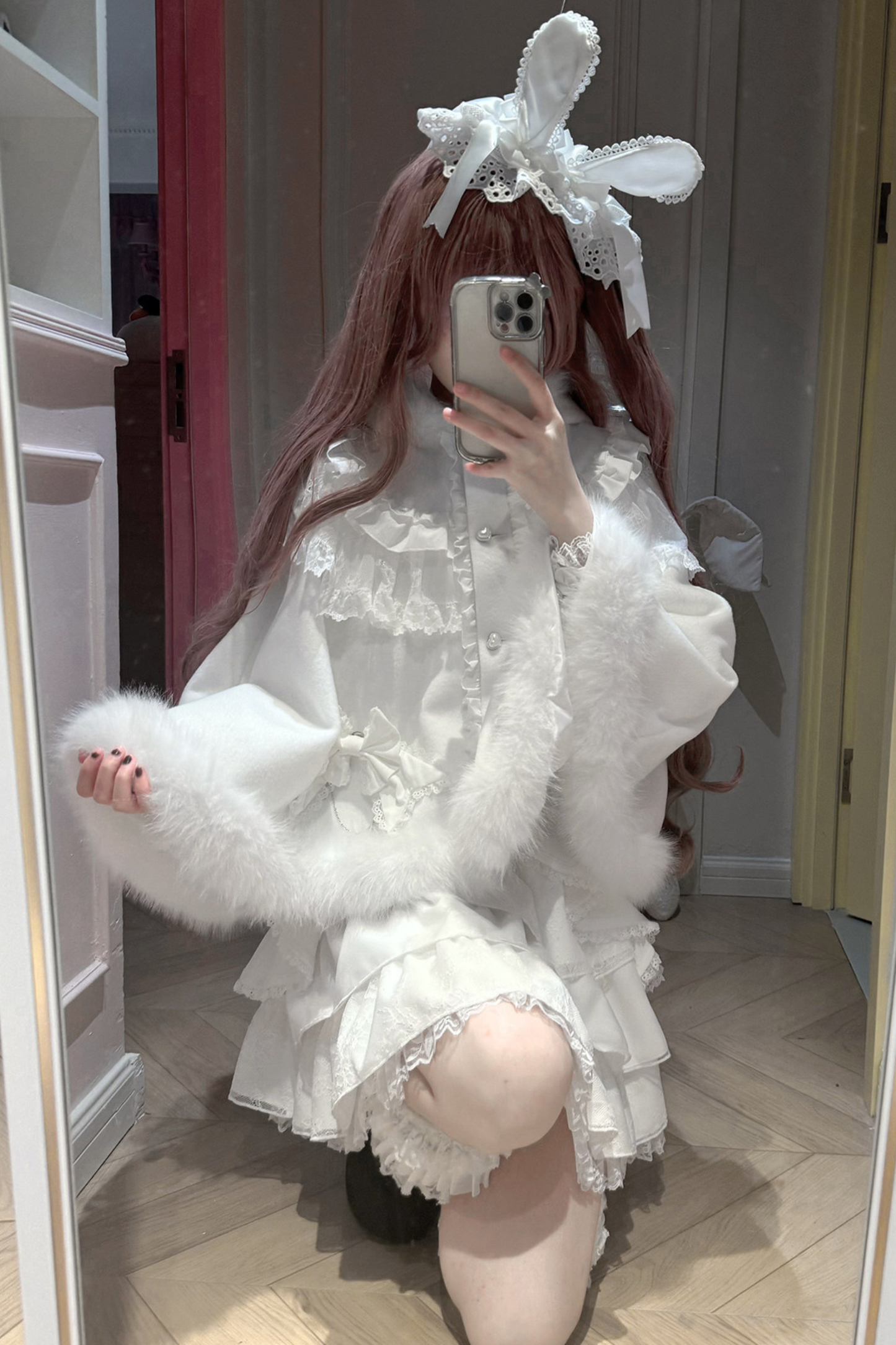 Snow Cat Ear Hooded Cape Coat + Shirt + Skirt