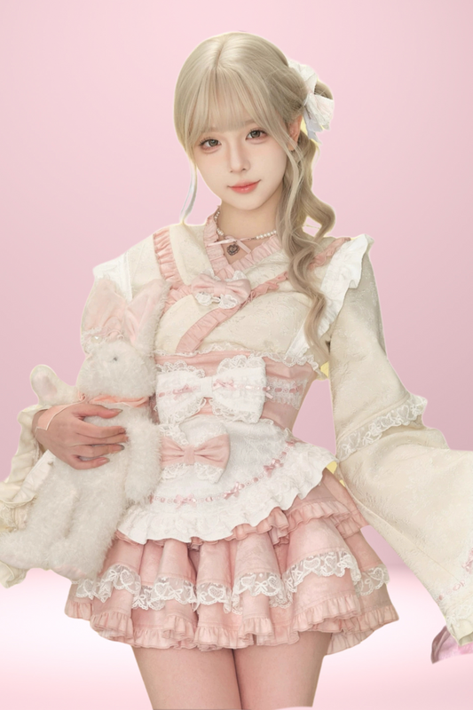 Cherry Blossom Japanese Style Top + Ribbon Girdle Apron + Pink Lace Tiered Skirt