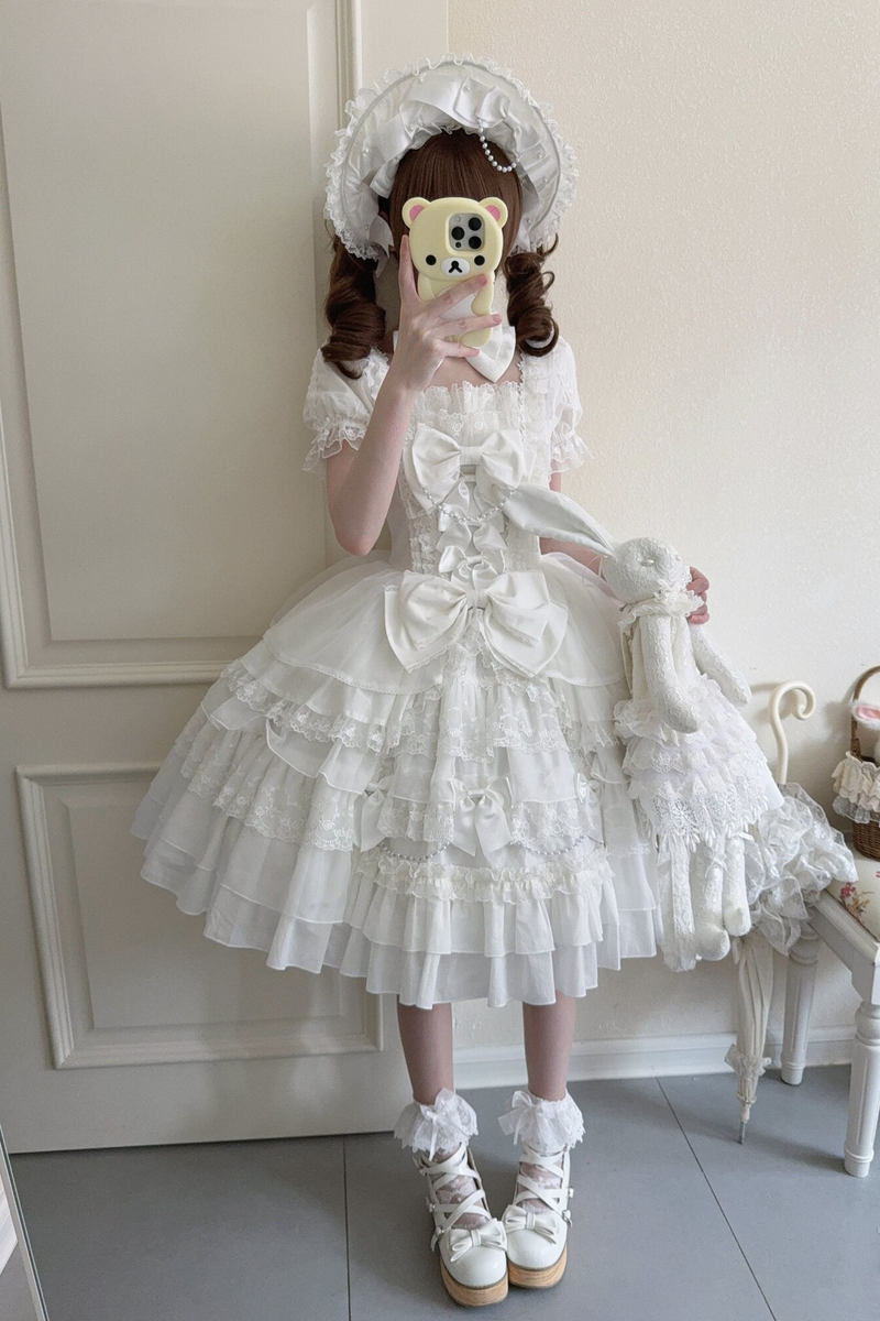 Sweetheart Ruffle Ribbon Lolita Dress + Bnt + Necklace + Princess Sleeve