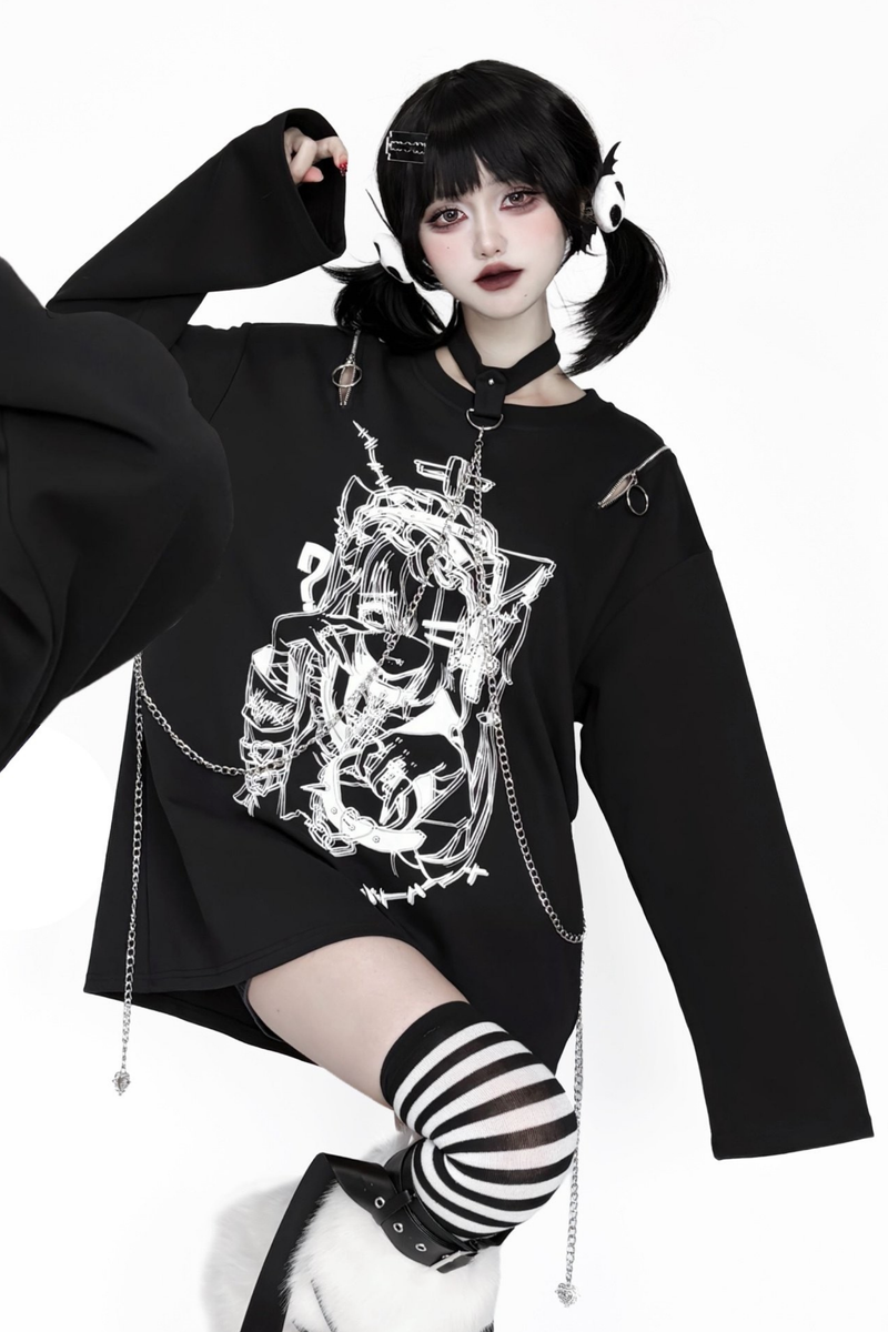 Off-shoulder Subculture Manga Girl Print Top