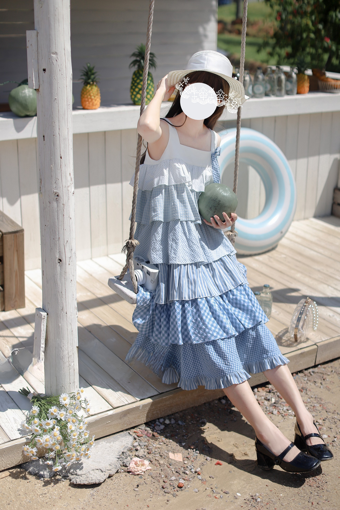 Sky Sweet Tiered Sleeveless Dress + Ribbon Brooch