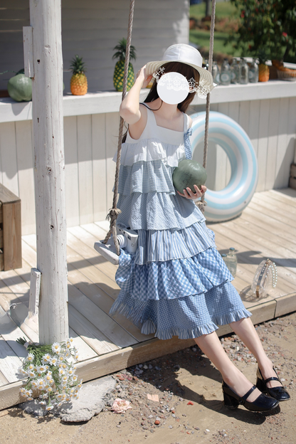 Sky Sweet Tiered Sleeveless Dress + Ribbon Brooch