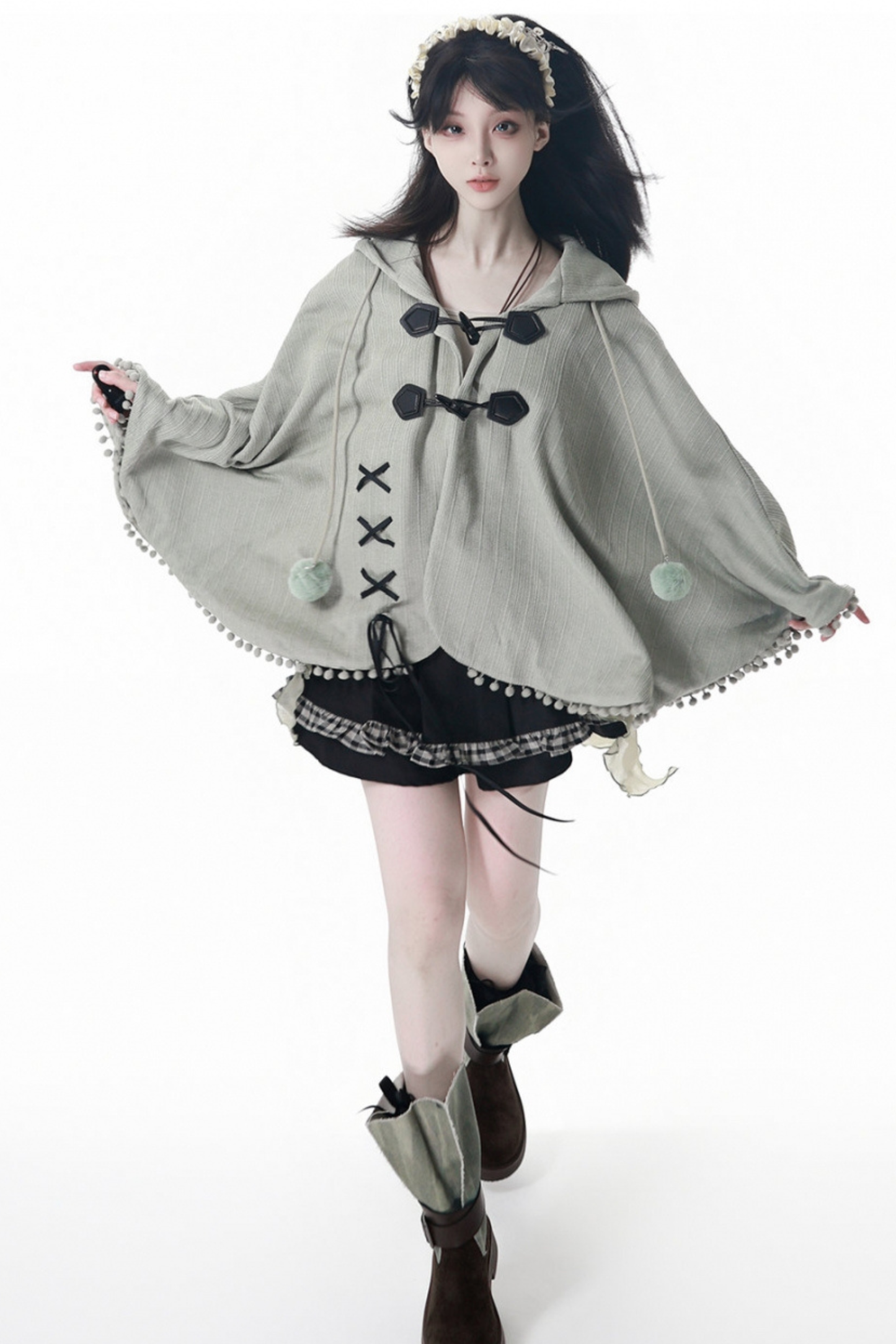 Plaid Ribbon Camisole Two Piece Jacket + Cape Coat + Skirt