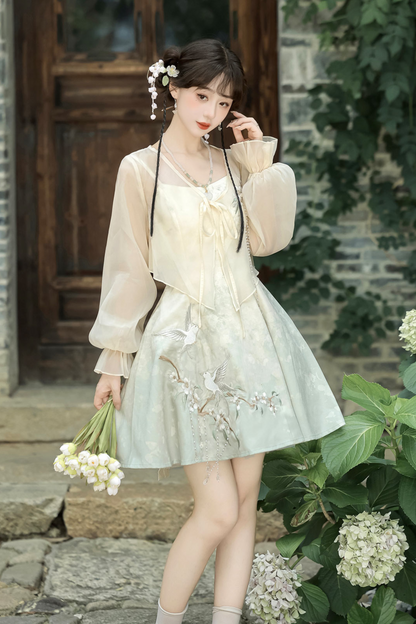 Chinese-style Gradient Retro Dress + Sheer Cardigan