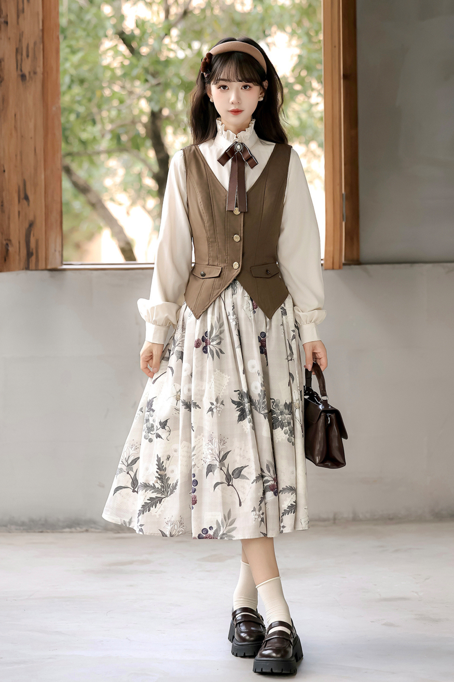 Retro Long Coat + Skirt + Shirt + Vest