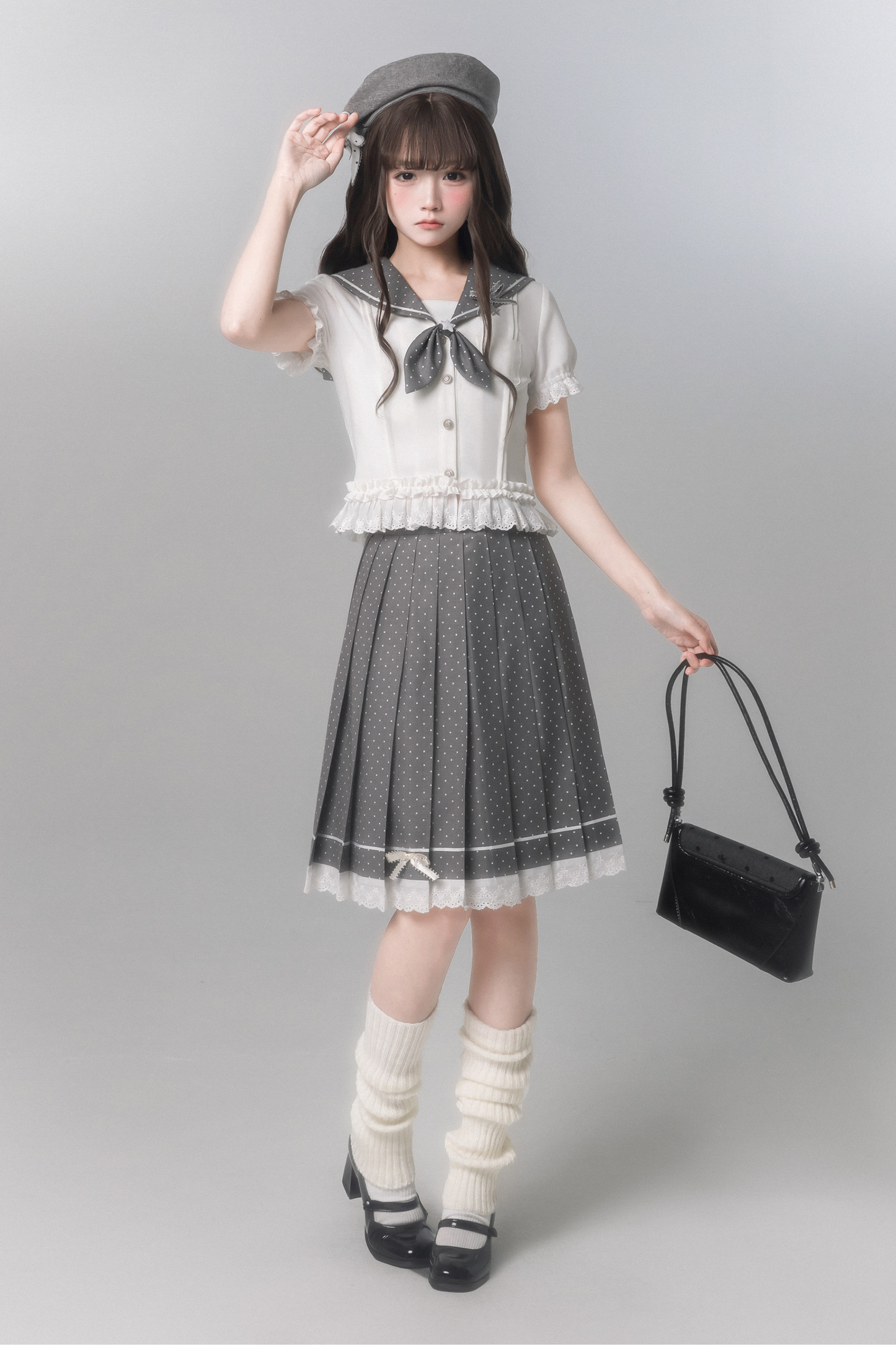 Sweet College Style Top + Polka Dot Pleated Skirt + Bow Tie