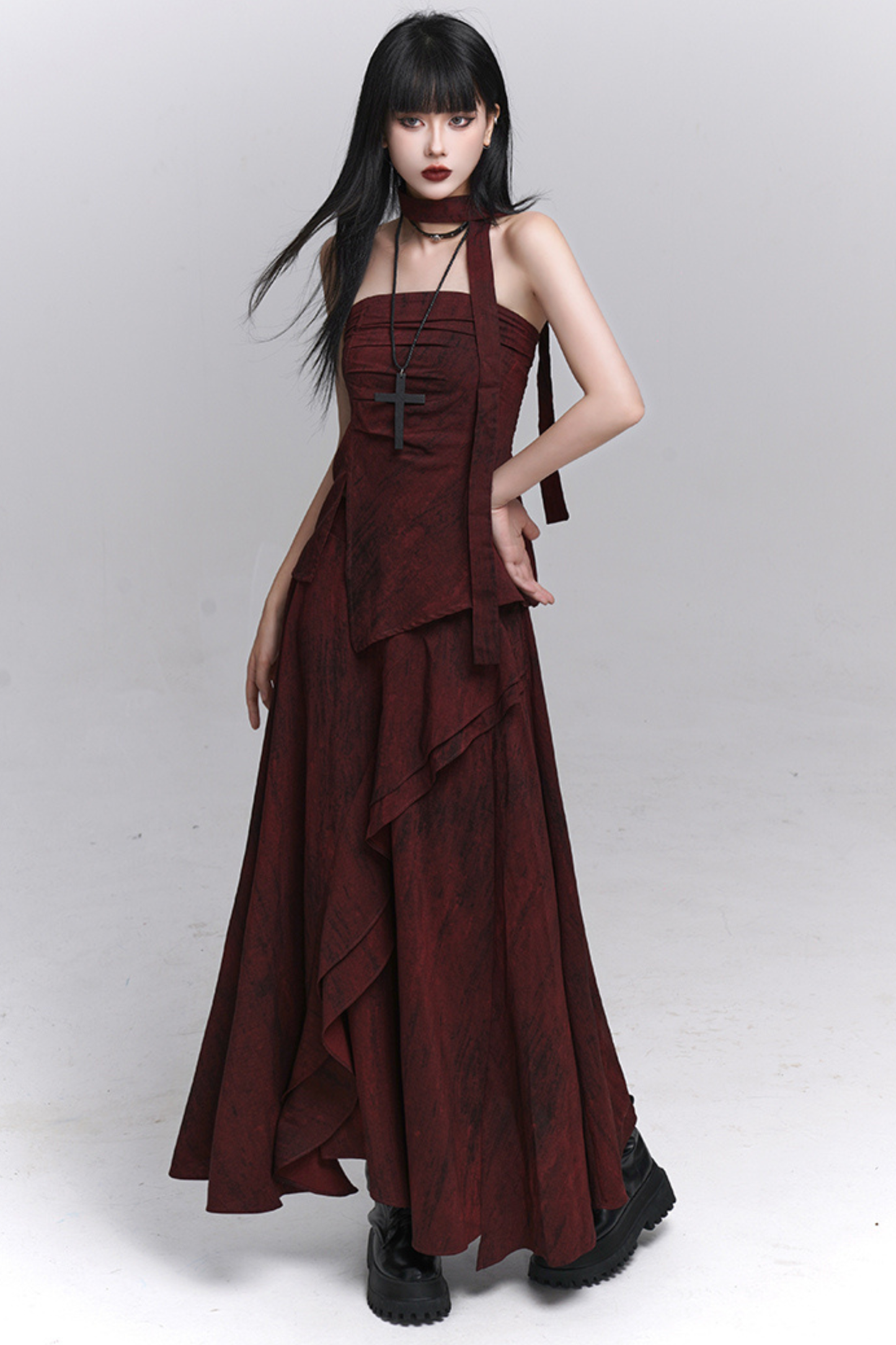 Dark Red Bandeau + Long Skirt