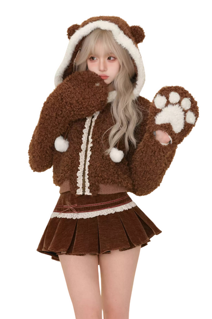 Bear Boa Coat + Ribbon Knit Cardigan + Off Shoulder Shirt + Short Skirt