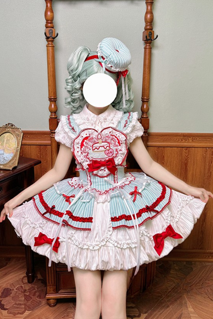[pre-order Deadline: April 3] Twin Tiered Lolita Dot Ribbon Striped Dress + Flower Bud Skirt Dress
