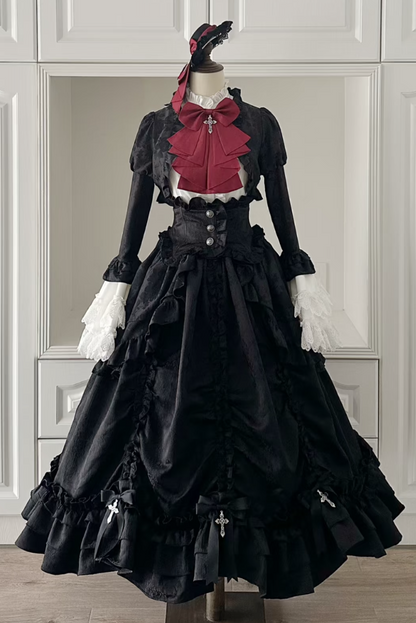 [pre-order Deadline: March 31] Cross Nocturne Gothic Dark Stripe Layered Top + Cross Rose Stripe Pull Up Skirt