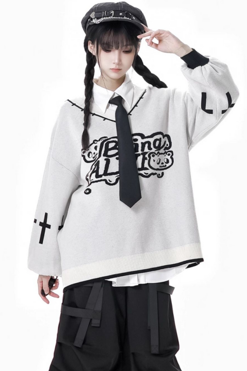 Cat Ear Hooded Top + Loose Knit Sweater + Cargo Pants + Strap Skirt