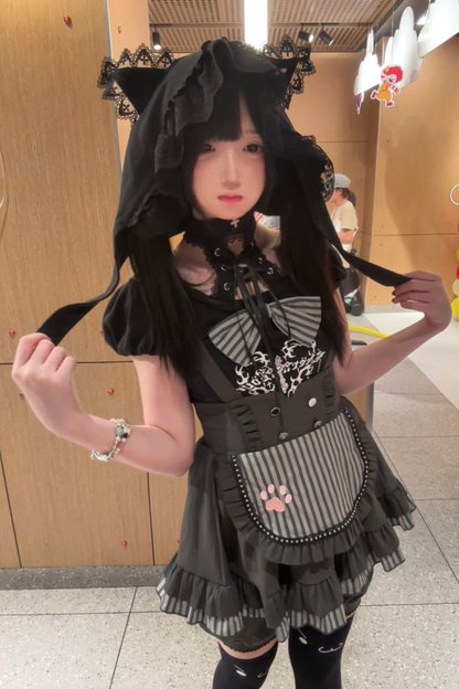 Cat Puff Sleeve Top + Suspender Skirt + Pants + Hat