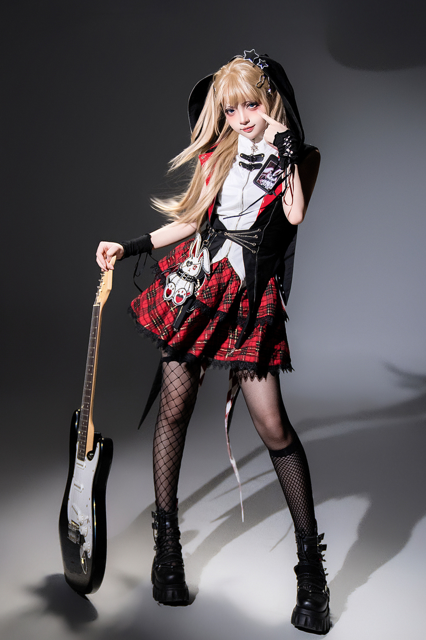 [pre-order] Bunny Rock Star Girl Hooded Jacket + Blouse + Plaid Skirt