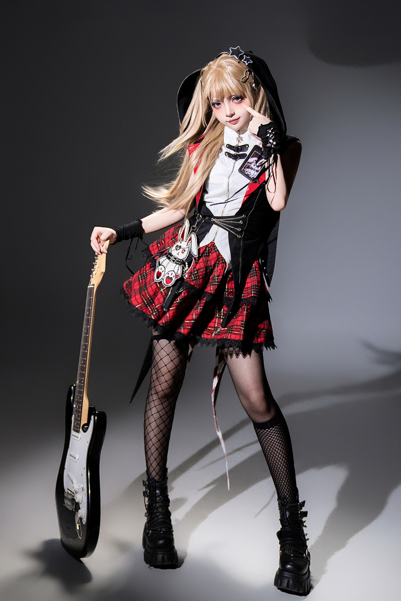 [pre-order] Bunny Rock Star Girl Hooded Jacket + Blouse + Plaid Skirt