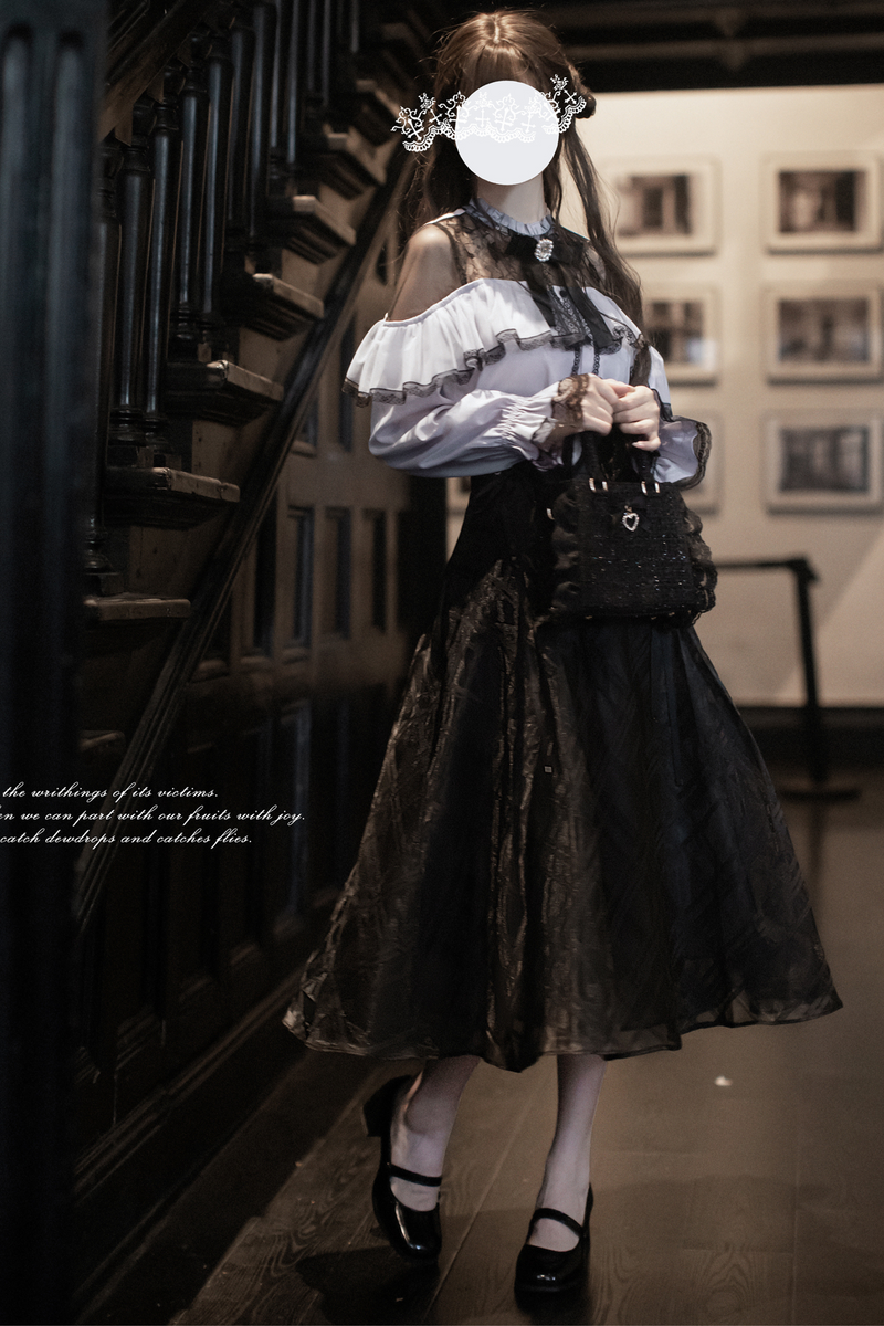 Long Skirt + Lace Shirt + Ribbon