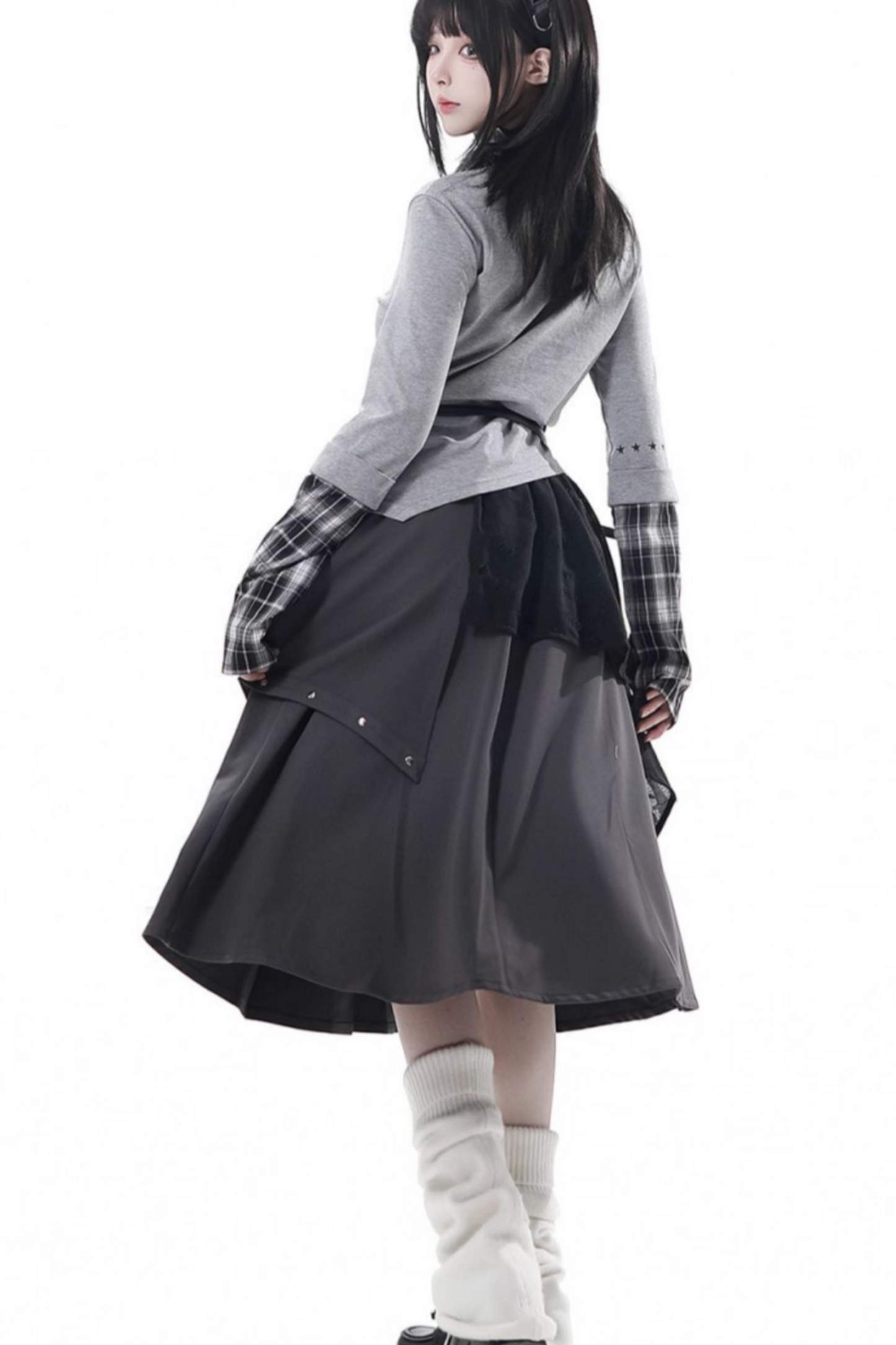 Plaid Design Top + Asymmetrical Top + Pants + Skirt + Belt