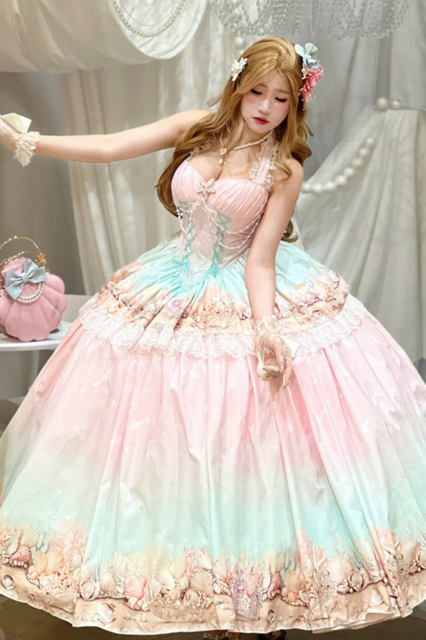Gradient Bubble Halter Neck French Dress + Skirt