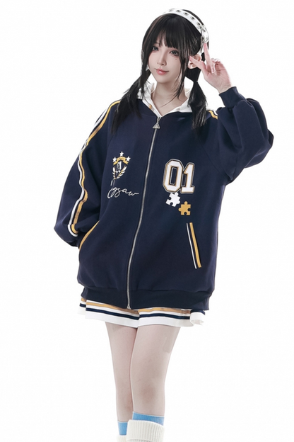 College Blue Jacket + Hoodie Dress + Pants + Sweat