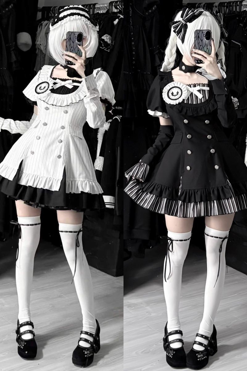 Gothic Lolita Striped Dress + Headband + Clip