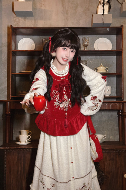 Chinese-style Dark Red Vest + Dress + Ear Cuffs